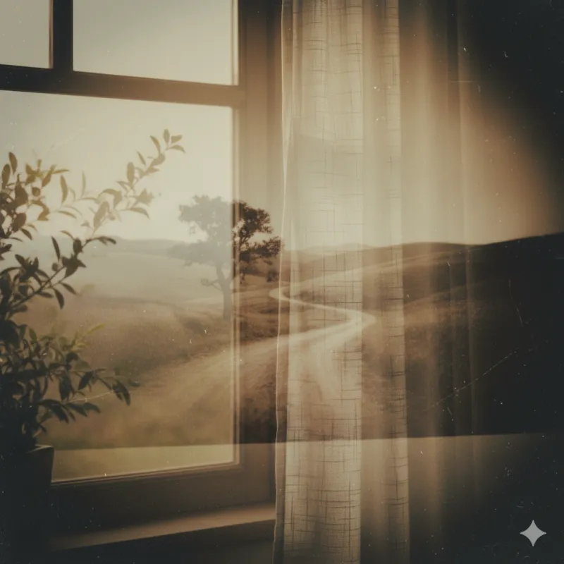 A curtained window opening onto a hillside, with a track winding away toward a lone tree