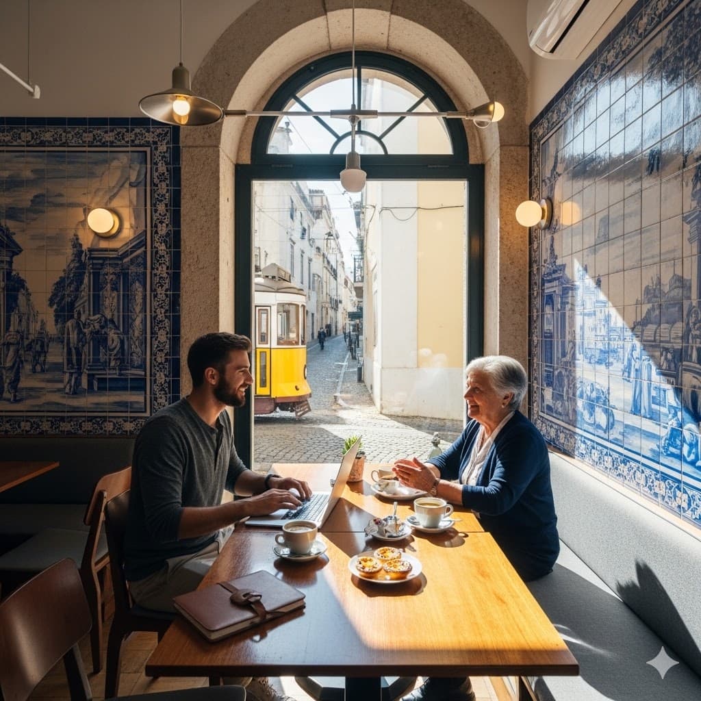 A Lisbon café lined with blue azulejo tiles, where a younger man with a laptop and an older woman talk across a table as a yellow tram passes the doorway