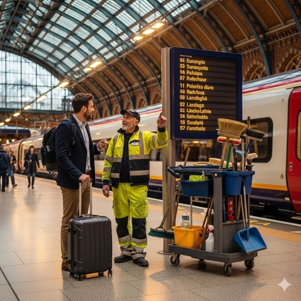 A traveller with a suitcase talking to a cleaner beside his cart on a St. Pancras platform, departure board and train alongside