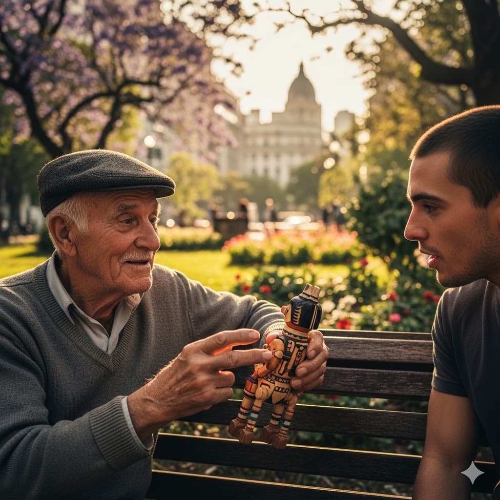 An older man on a park bench in Buenos Aires showing a small carved figure to a younger man, jacaranda in blossom behind them