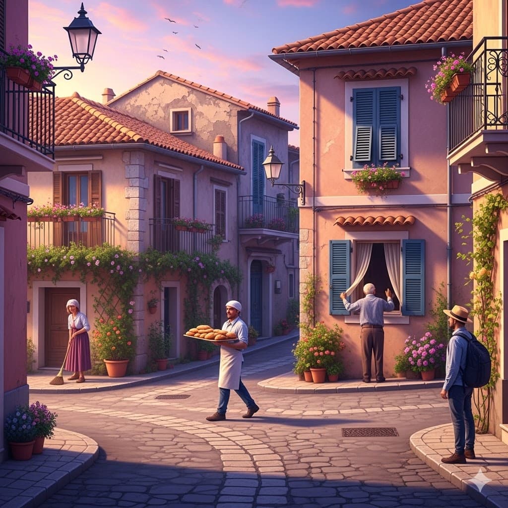 A village intersection at sunrise: a baker carrying a tray of bread, a woman sweeping her doorstep, and a man opening his shutters