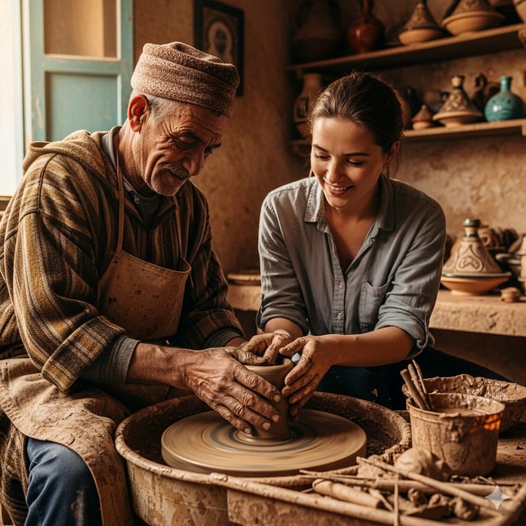 A Moroccan potter guiding a visitor’s hands on a spinning wheel in his studio, finished vessels on the shelves behind