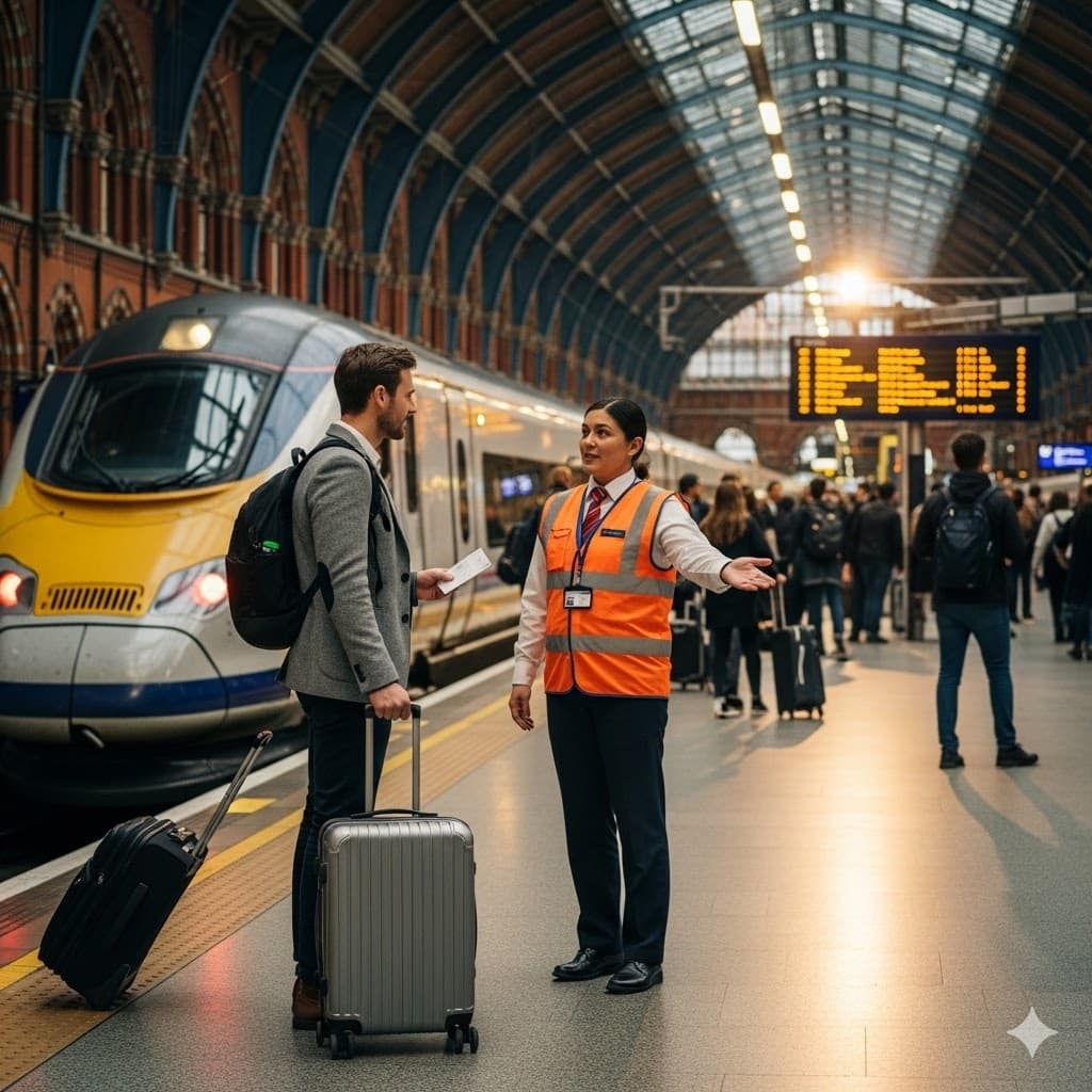 A member of station staff giving directions to a traveller with a suitcase on a railway concourse