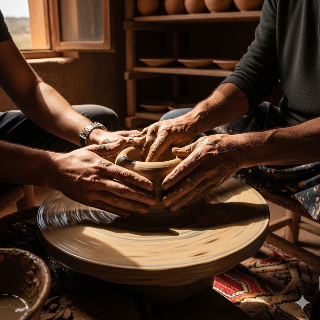 Two pairs of hands together on a potter's wheel, shaping a vessel
